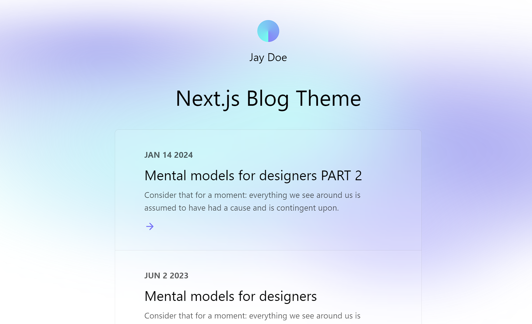 Next.js blog theme showcasing sample posts for designers