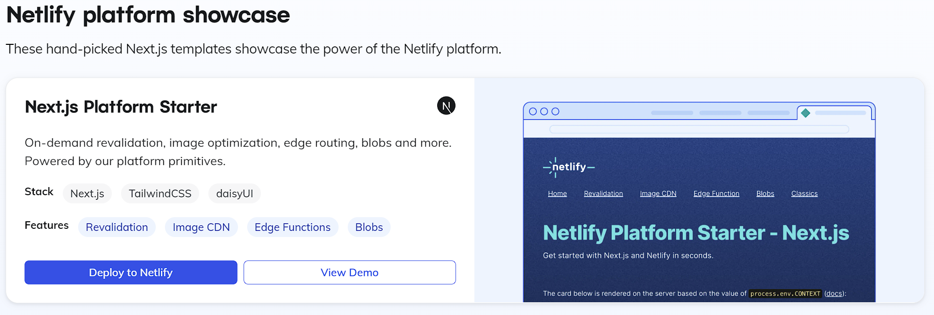 Netlify platform showcase featuring Next.js starter templates.