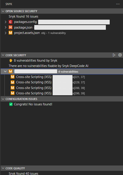 Visual Studio Code showing a cross-site scripting vulnerability highlighted by the Snyk extension.