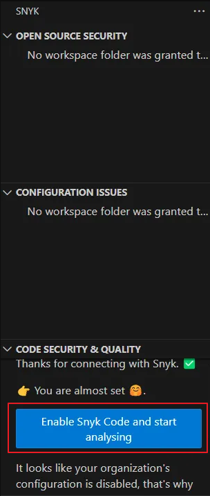 Snyk extension in Visual Studio Code requesting workspace trust and connection.