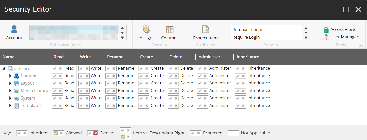 Sitecore Security Editor displaying user permissions for content and templates