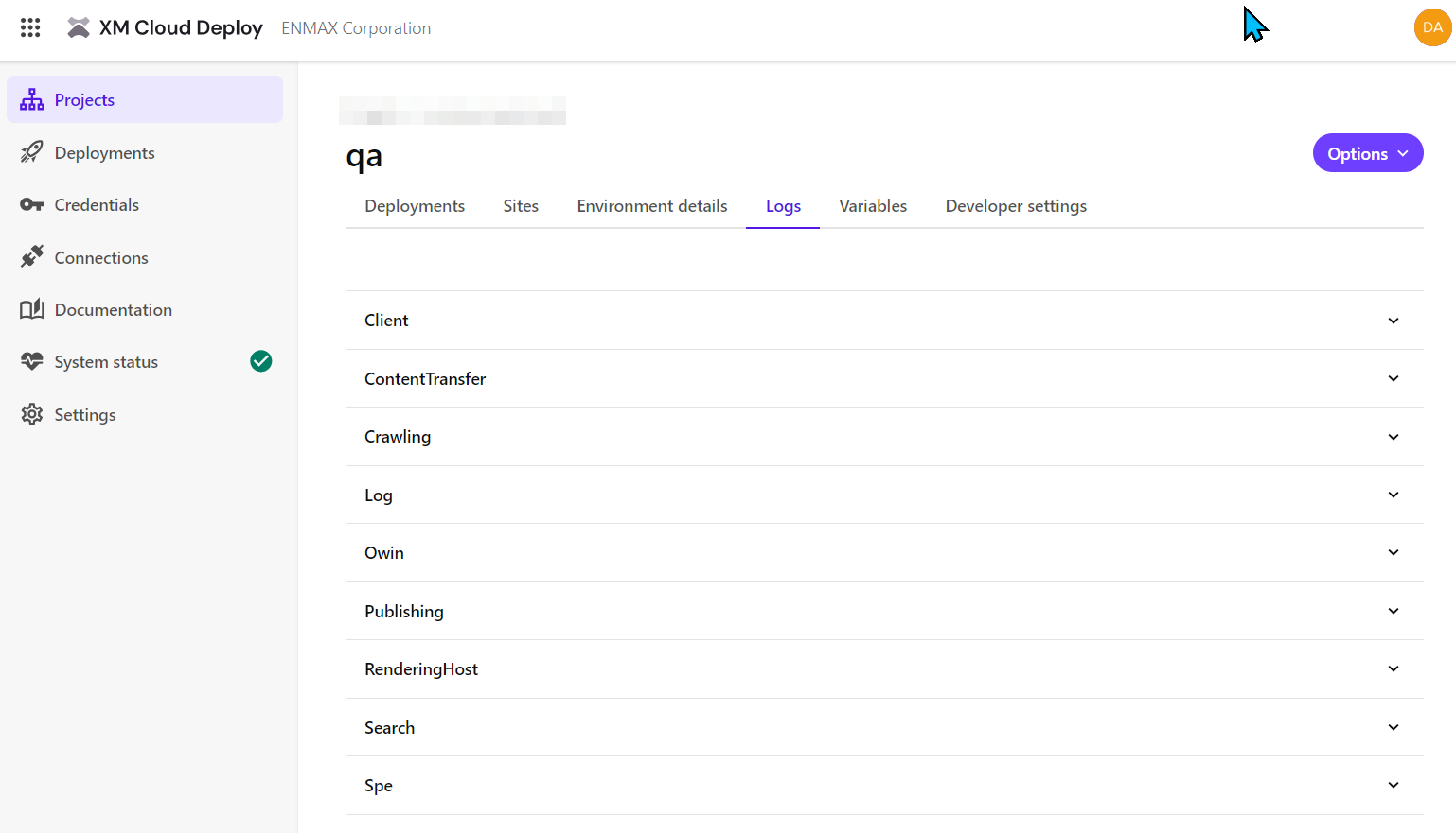 XM Cloud Deploy environment showing logs and deployment details