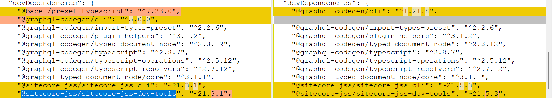 Screenshot showing two sets of JSON code with differences in package version numbers highlighted.