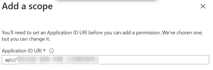 Dialog box for adding a scope in Azure AD with Application ID URI field