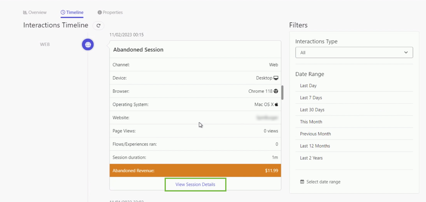  Example of an abandoned cart session in a guest profile in Sitecore CDP