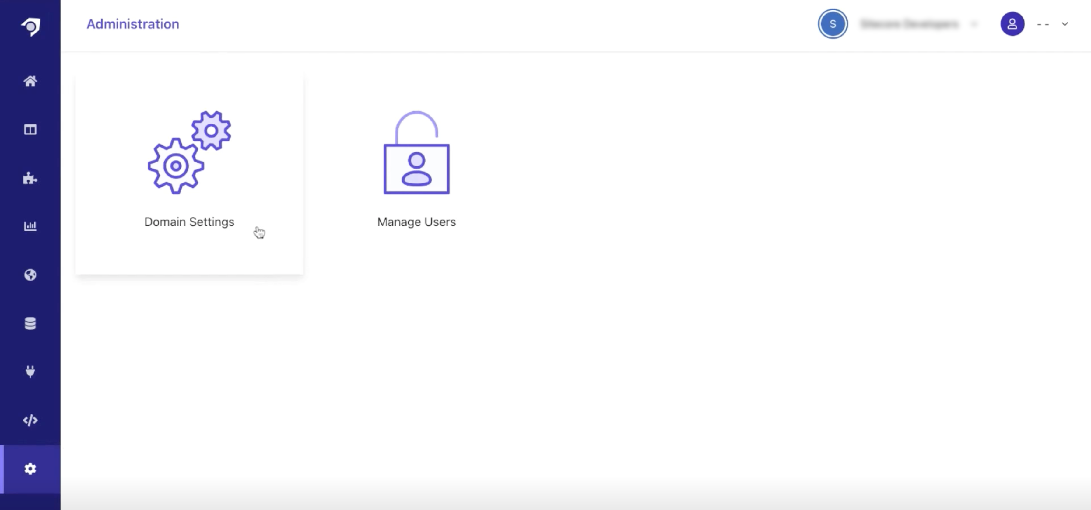 Dashboard with options for Domain Settings and User Management