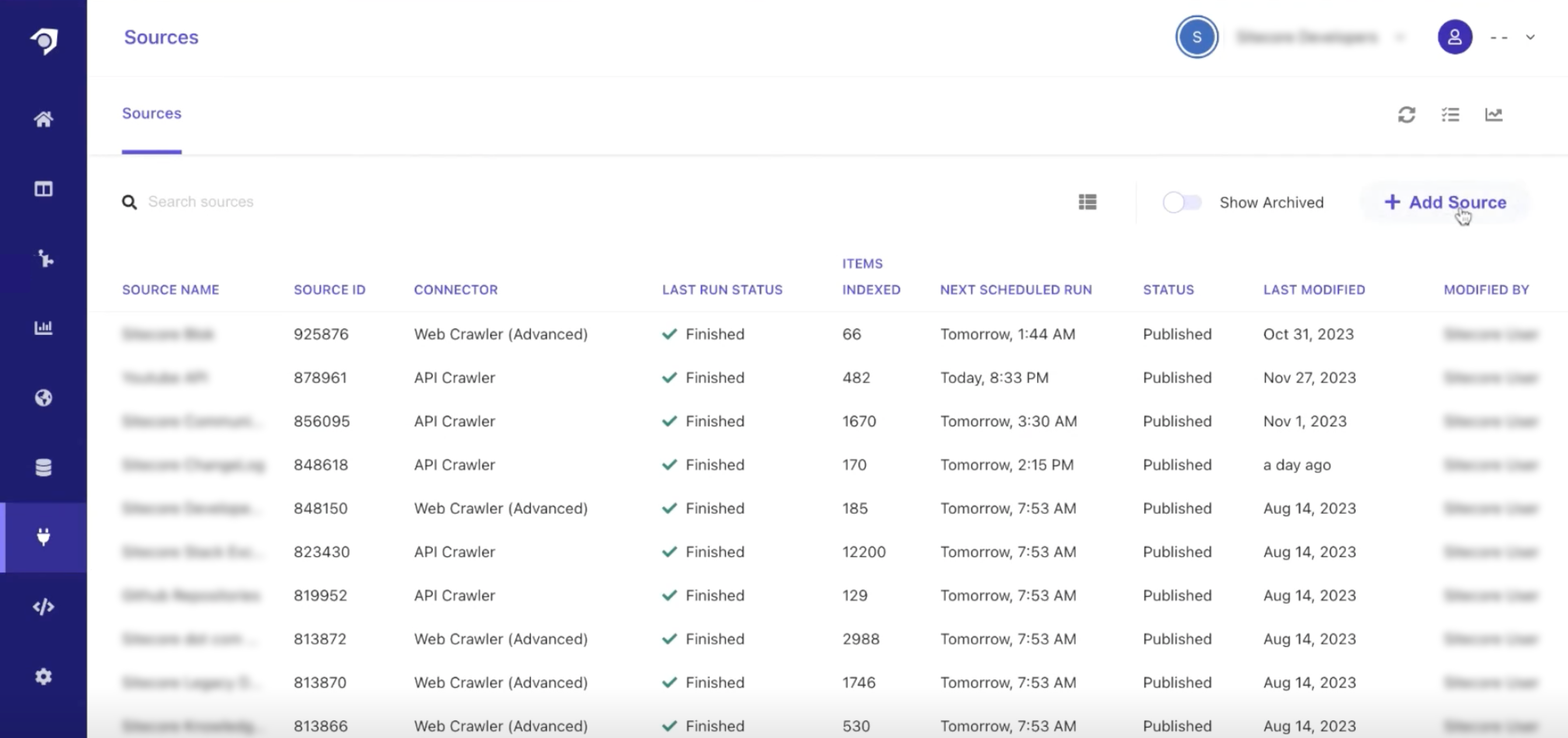 Overview of data sources with status and scheduled indexing information