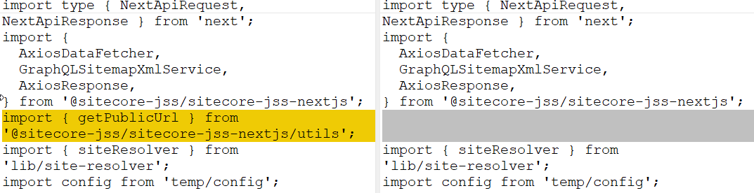 Code diff showing changes in import statements for Sitecore JSS utilities.