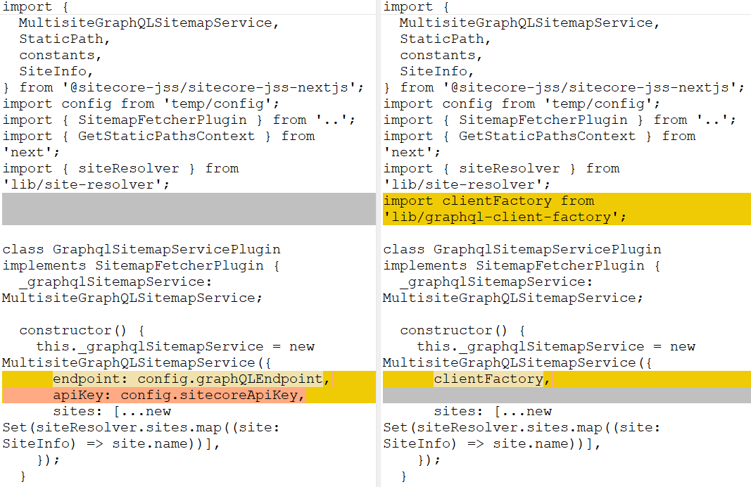 Comparison of code with updates to a GraphQL sitemap service plugin in a web project.