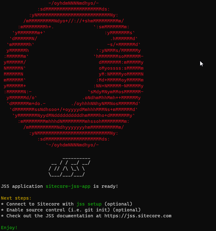 Terminal output showing ASCII art for Sitecore JSS and setup instructions.