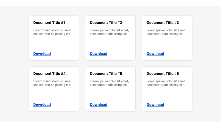 Six grey boxes displaying document titles and download buttons.