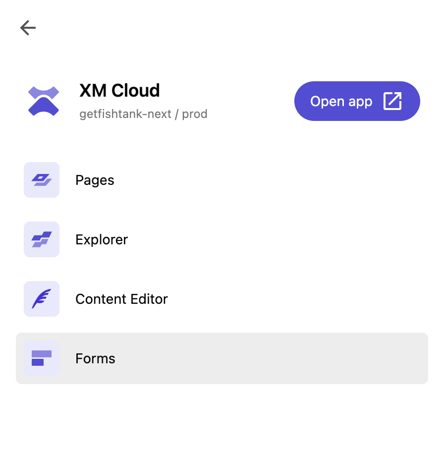 Screenshot of Sitecore XM Cloud's main menu with options for Pages, Explorer, Content Editor, and Forms.