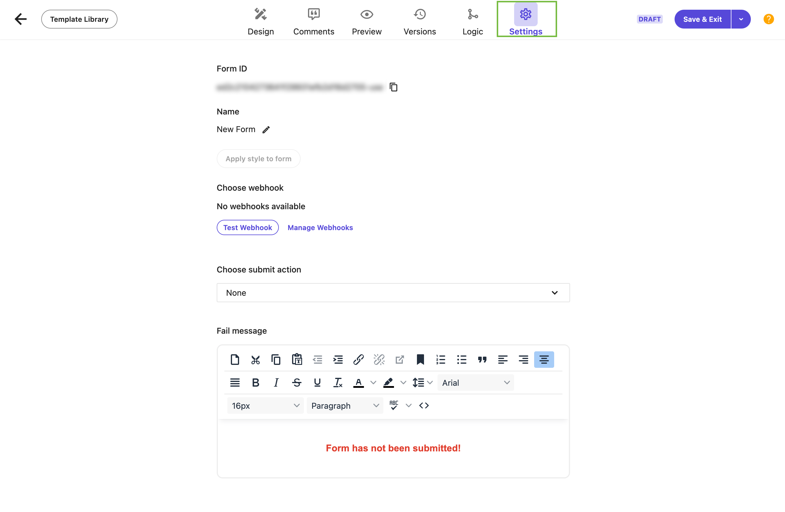 Settings page for a new form in Sitecore XM Cloud displaying webhook options and submission settings.