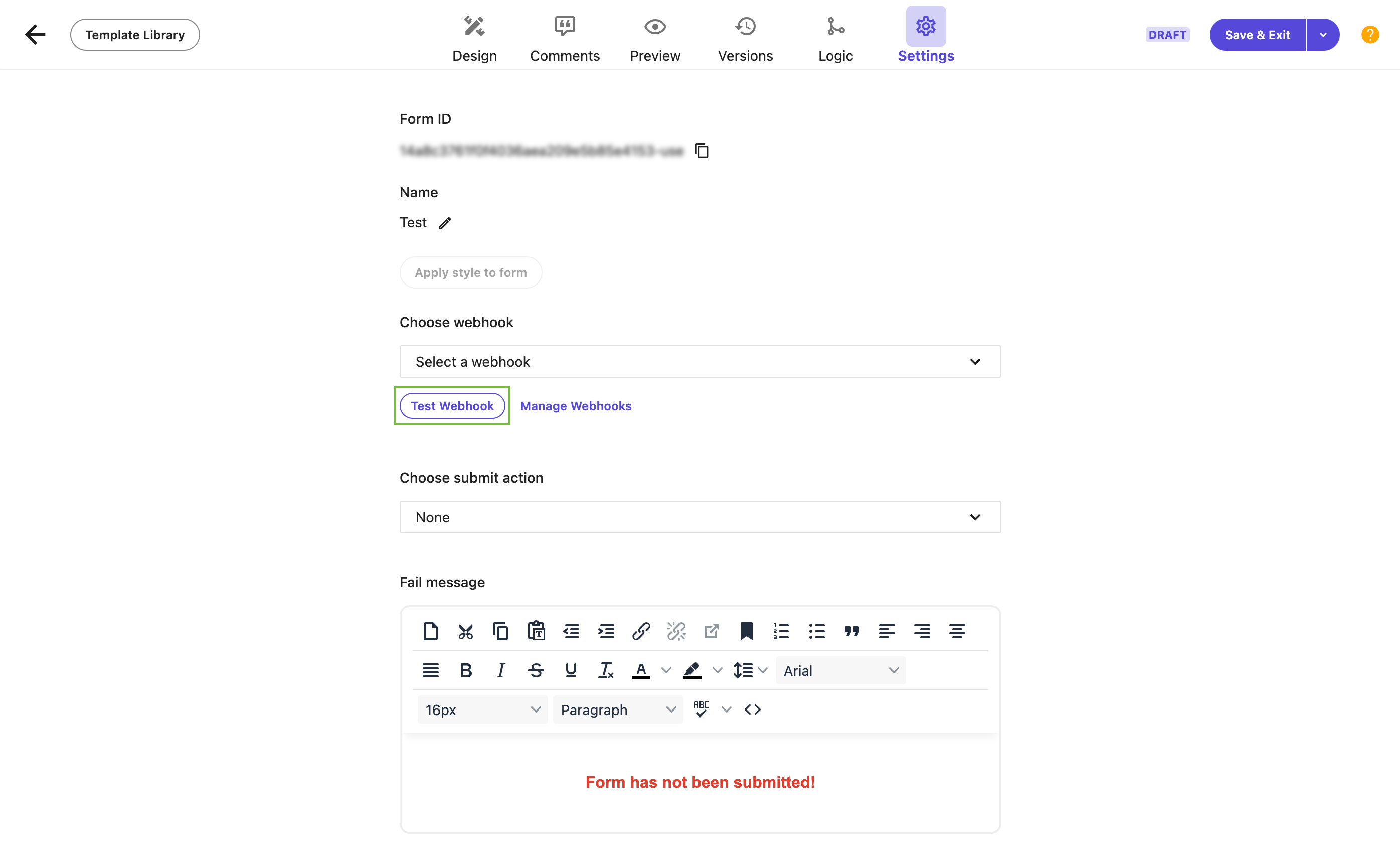 A form titled "Test Webhook" in Sitecore XM Cloud settings with options to manage webhooks.