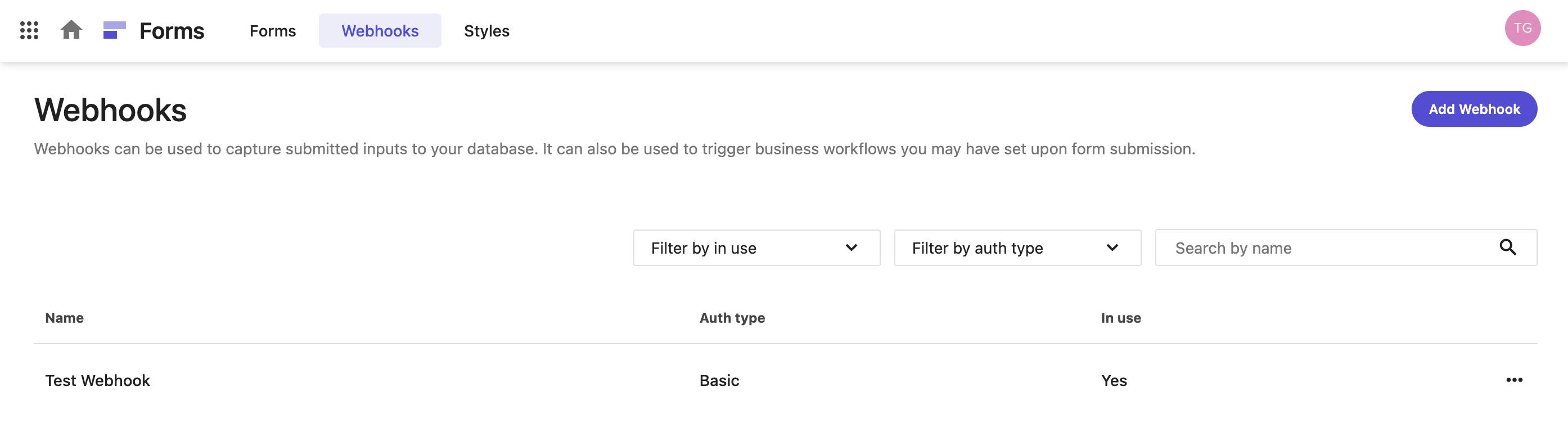 List of webhooks in Sitecore XM Cloud showing a "Test Webhook" with basic authentication.