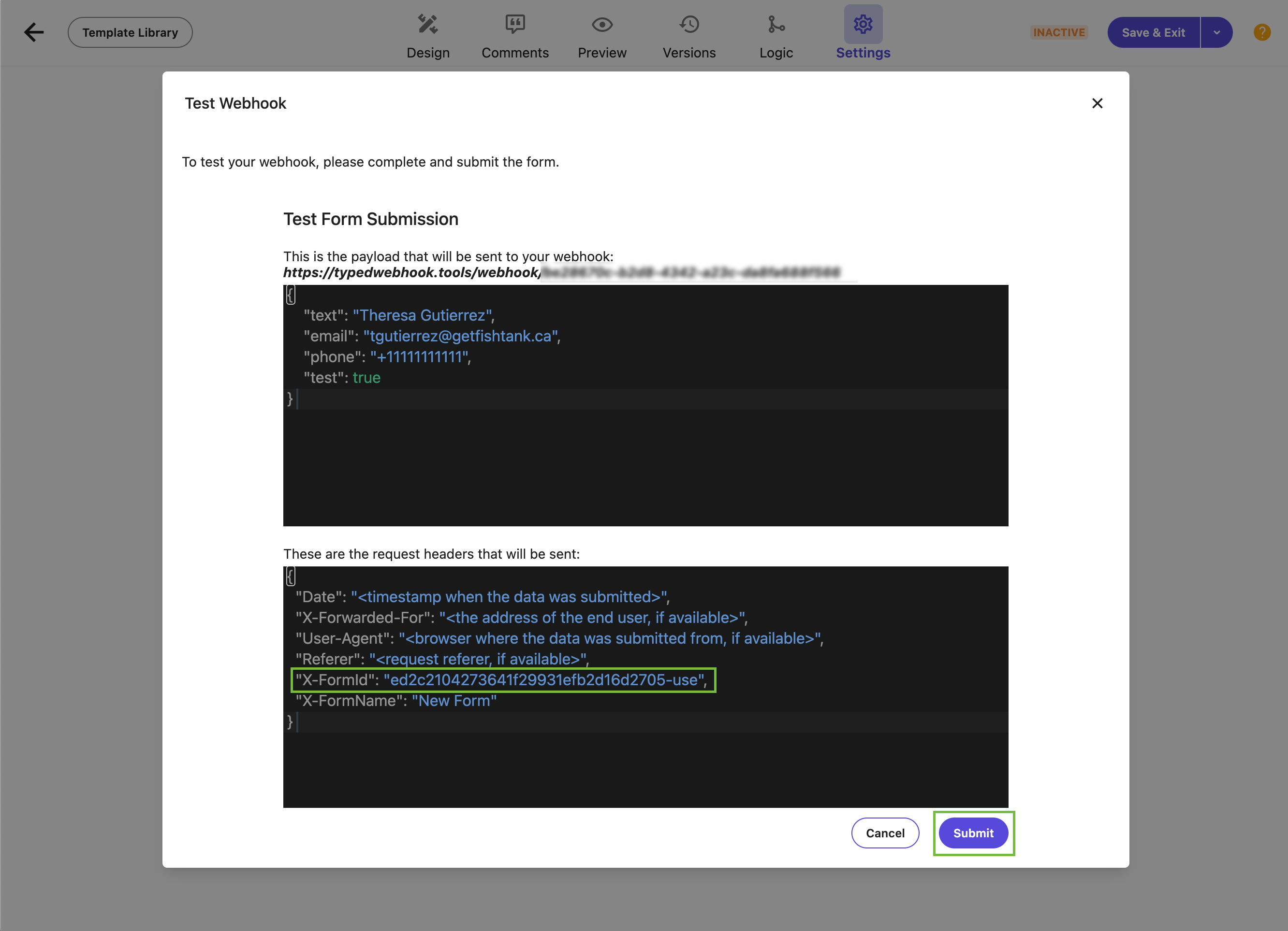 A preview of a test webhook submission payload in Sitecore XM Cloud, ready to be submitted.