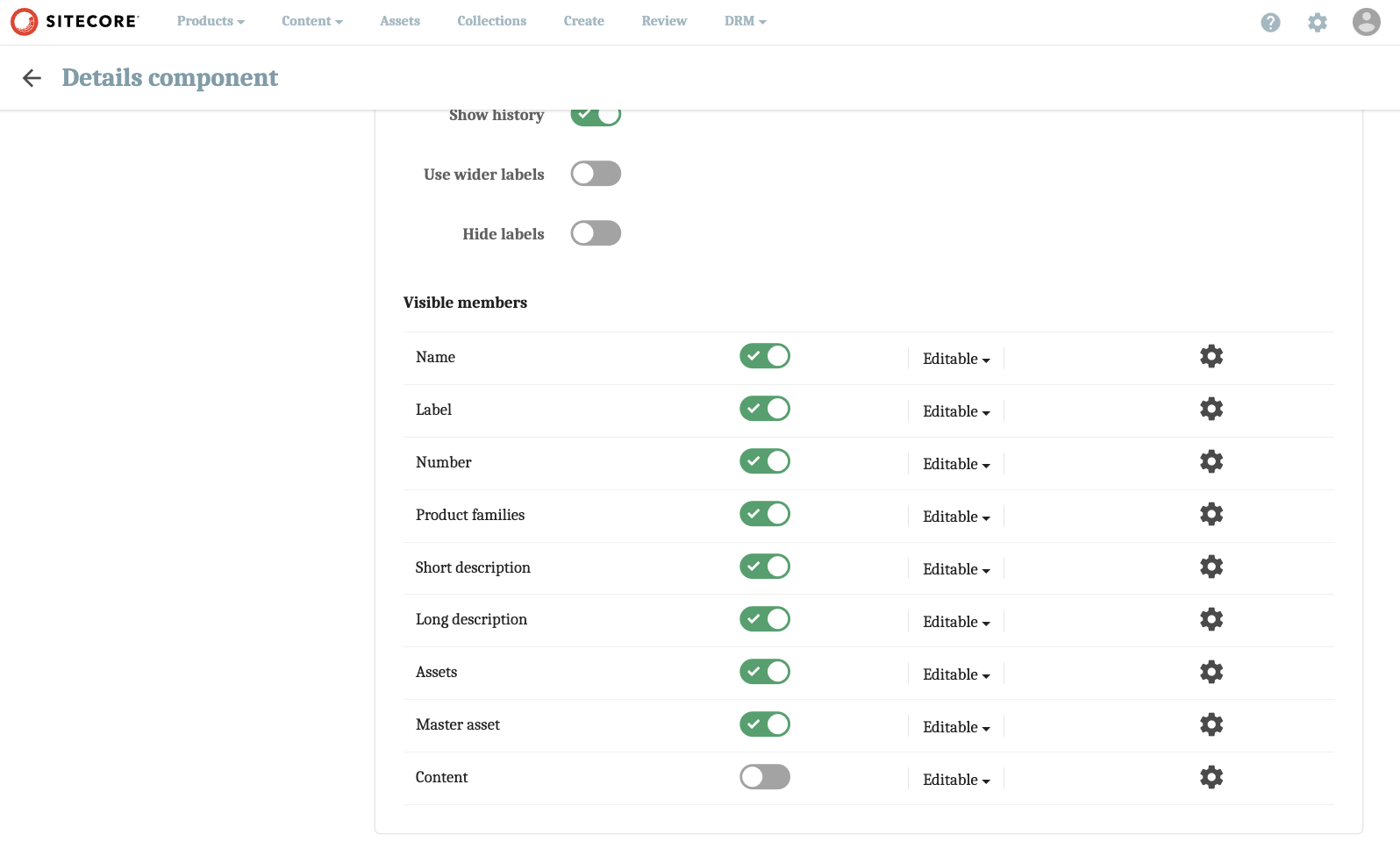 Screenshot of the Configuration of the Product Page in Sitecore PCM