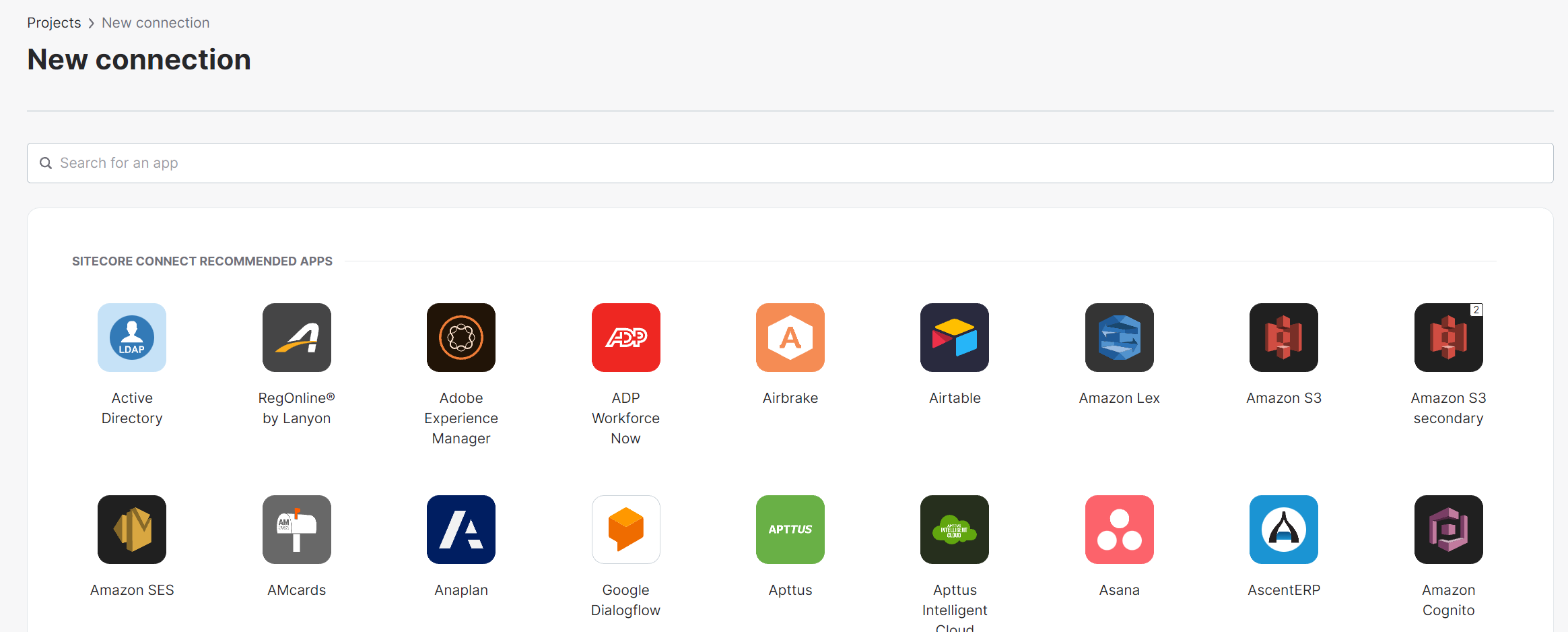  Screen displaying a variety of apps available for creating new connections in Sitecore Connect