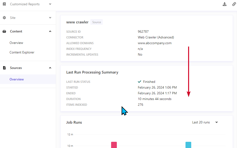 Detailed view of a source crawler summary showing 'Last Run Processing Summary' with status finished, start and end times, duration, and number of items indexed.