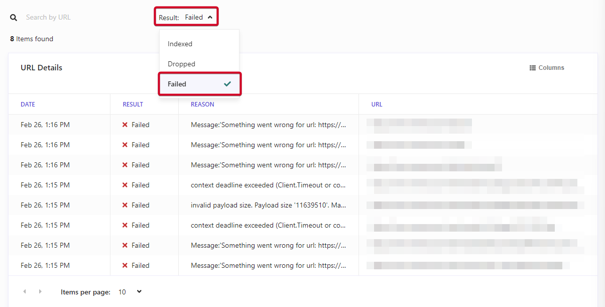 Table of URL crawling errors with timestamps, showing multiple 'Failed' statuses and various error messages such as 'Something went wrong' and 'Client.Timeout'