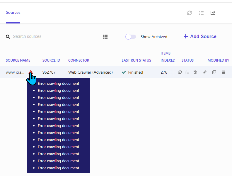 Web crawler error log with a list of documents showing 'Error crawling document' messages, indicating issues with the crawling process.