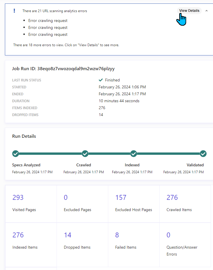 Overview of web crawler run details including 'Specs Analyzed', 'Crawled', 'Indexed', 'Validated', with a notice of 21 URL scanning analytics errors and a button to 'View Details'.