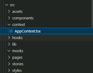 Visual Studio Code file structure with AppContext.tsx highlighted under context folder.