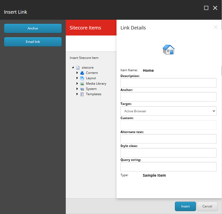 Screenshot of a dialog box in Sitecore to input 'Link Details'
