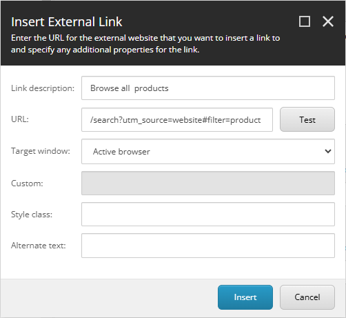 Screenshot of a dialog box in Sitecore to 'Insert External Link'