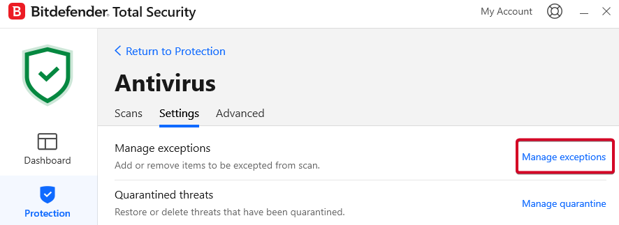Bitdefender settings panel with manage exceptions option highlighted.