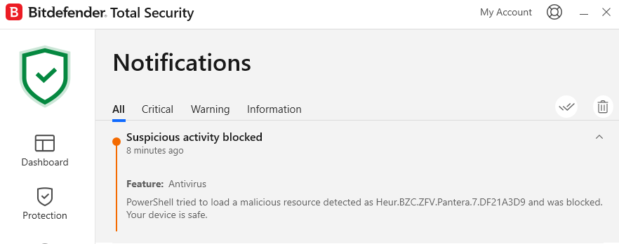 Bitdefender notification screen showing a blocked suspicious activity detected in PowerShell.