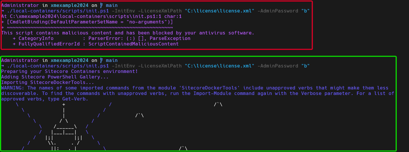 PowerShell screens showing a blocked script error and a successful Sitecore environment setup.