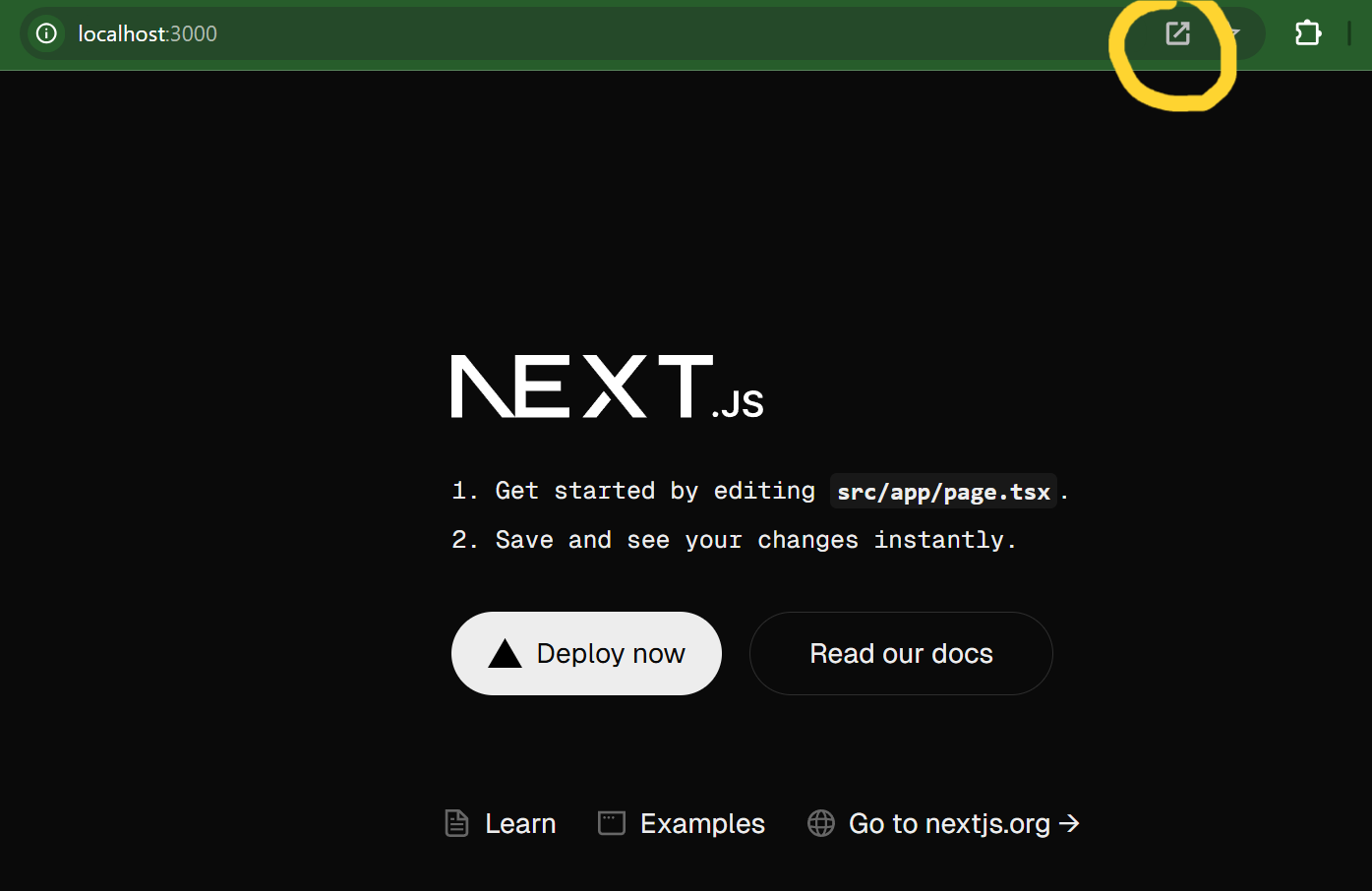 Next.js localhost screen with getting started instructions and highlighted external link button in the browser toolbar.