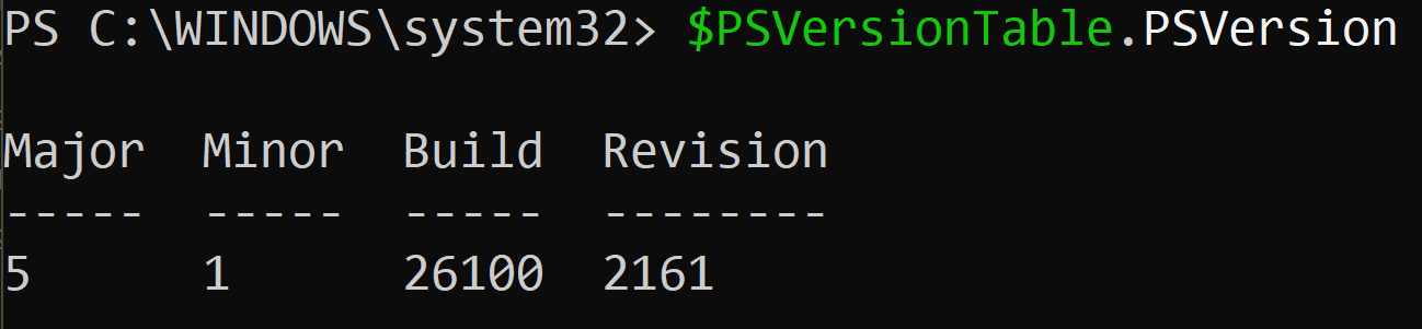 Image of PowerShell Output Checking Version with $PSVersionTablePSVersion