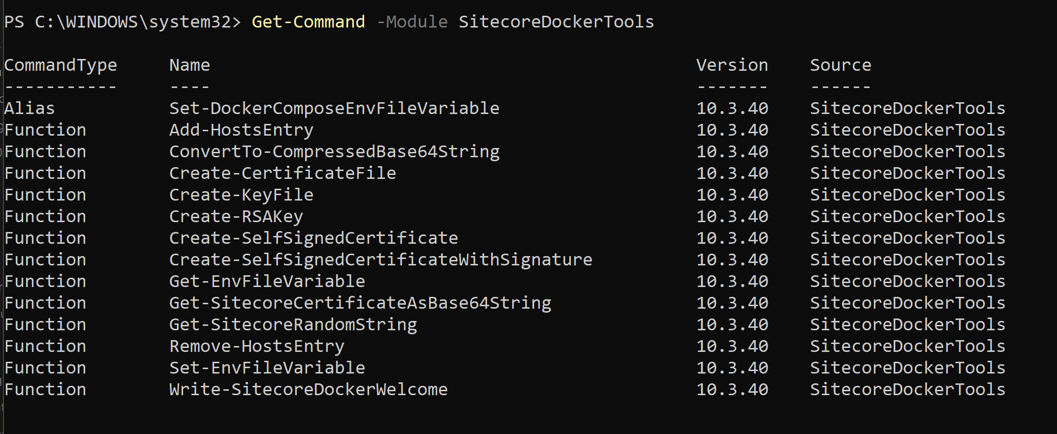 Image of PowerShell Output Verifying SitecoreDockerTools Installation