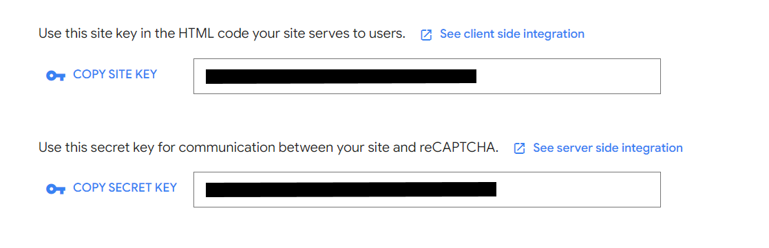 Google reCAPTCHA keys