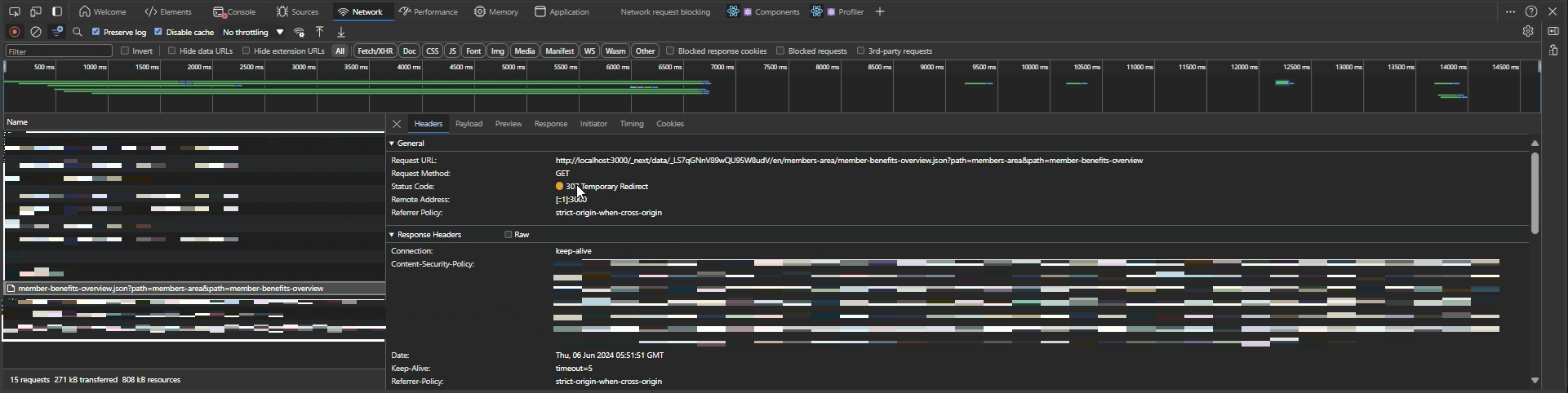Browser developer tools showing a 307 redirect request with details on headers and response.