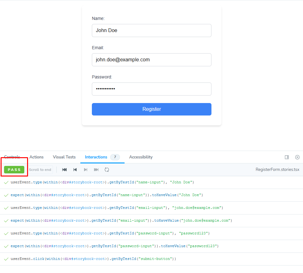 Screenshot of a test passing using Interactive Testing in Storybook with Sitecore XM Cloud 