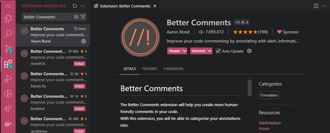 Details page for the Better Comments extension in the VS Code marketplace.