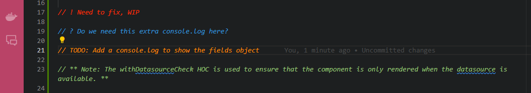 Code editor showing categorized comments using Better Comments extension.