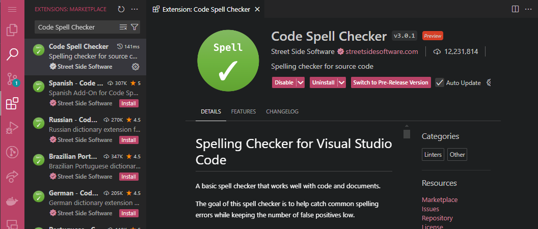 Details page for the Code Spell Checker extension in VS Code marketplace.