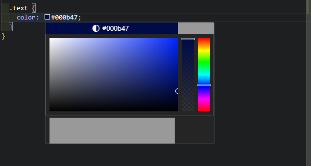 Code editor showing a color picker tool for adjusting a CSS color value.