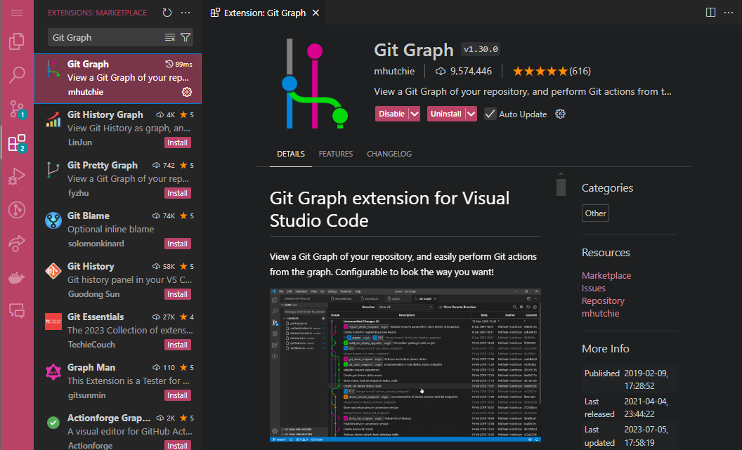 VS Code marketplace showcasing the Git Graph extension for visualizing Git repositories.