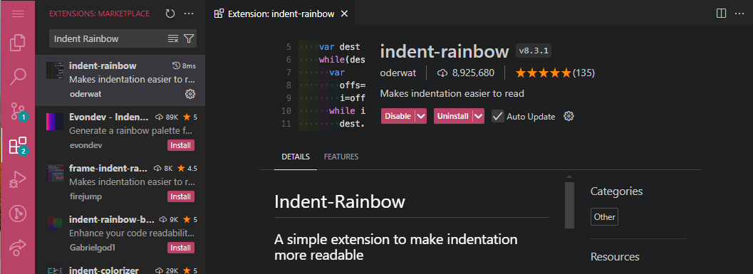 VS Code marketplace page displaying the Indent Rainbow extension details.