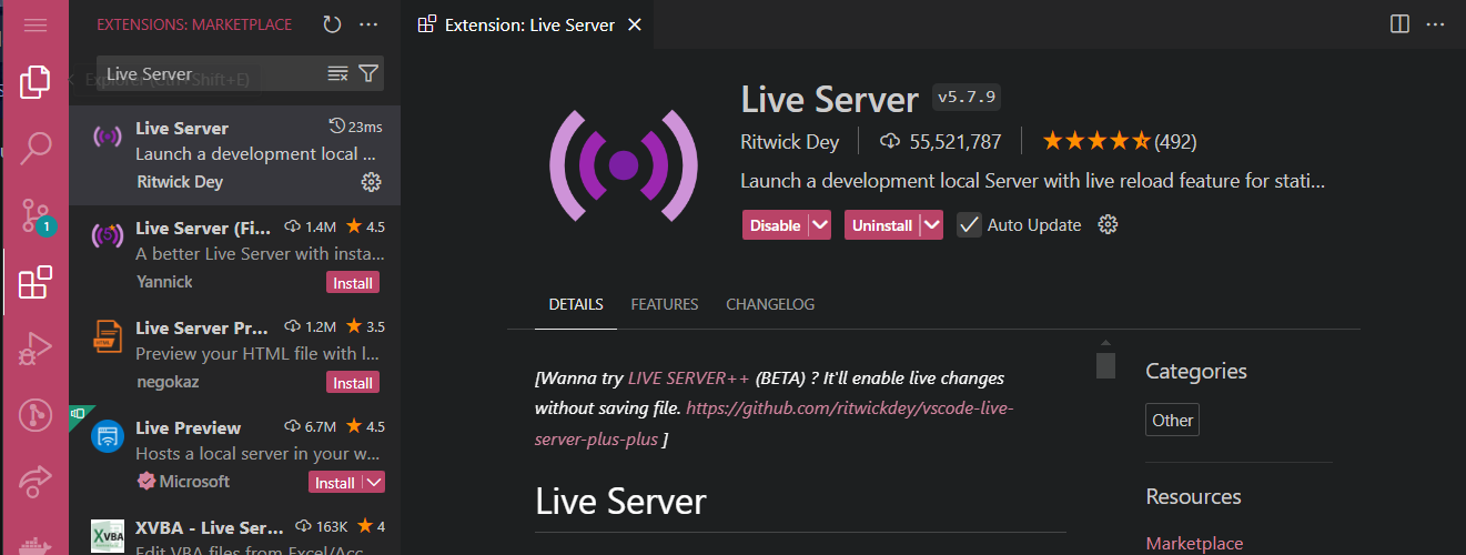 Details page for the Live Server extension in VS Code marketplace.