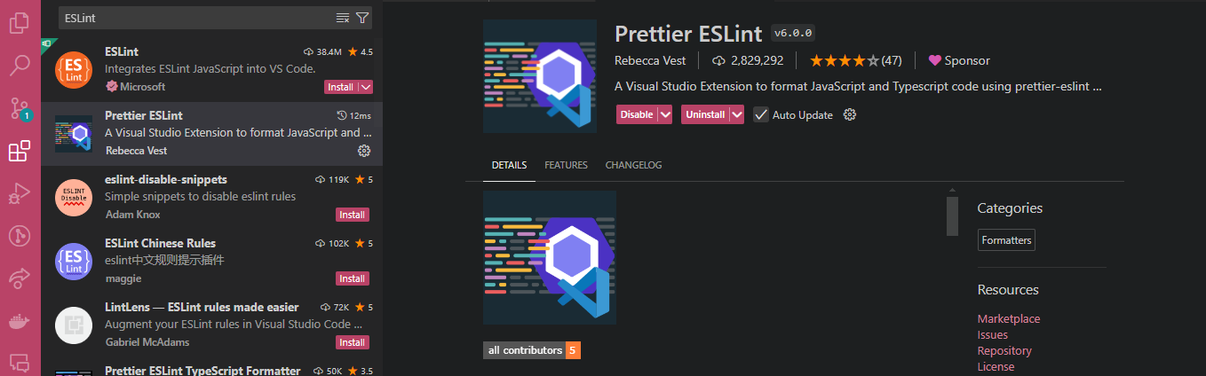 VS Code marketplace displaying Prettier ESLint extension information.