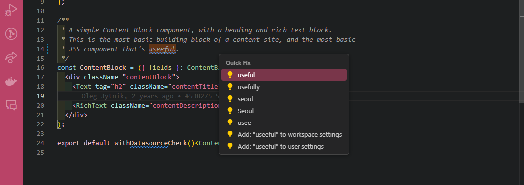 Code editor displaying quick fix suggestions for a misspelled word.