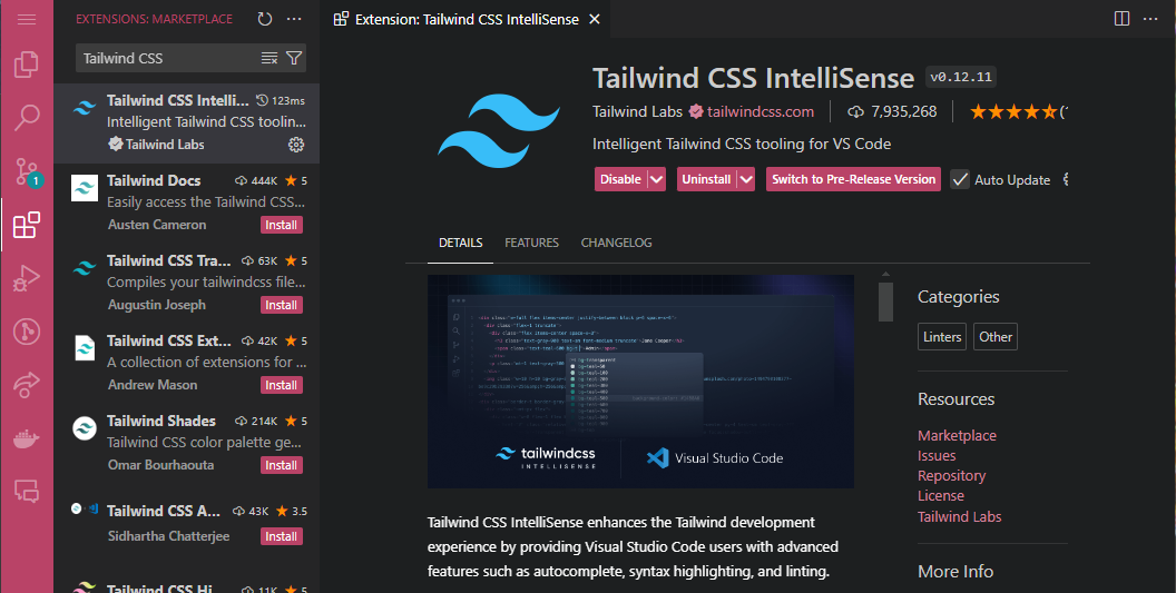 VS Code marketplace showing the Tailwind CSS IntelliSense extension details