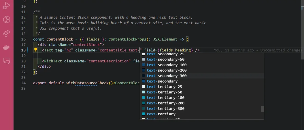 Code editor showing Tailwind CSS IntelliSense autocomplete in action.