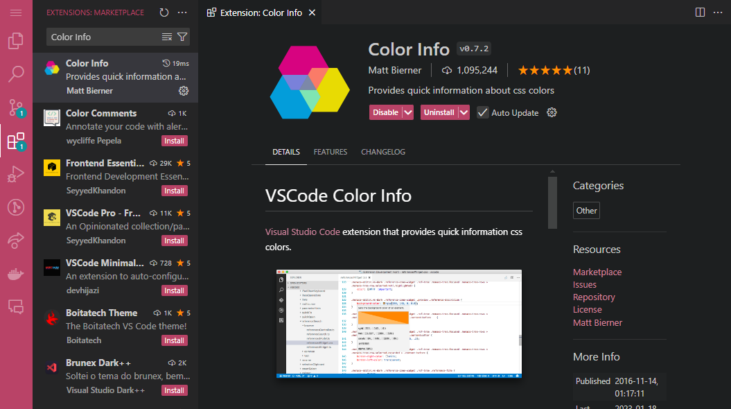 Details page for the Color Info extension in the VS Code marketplace.